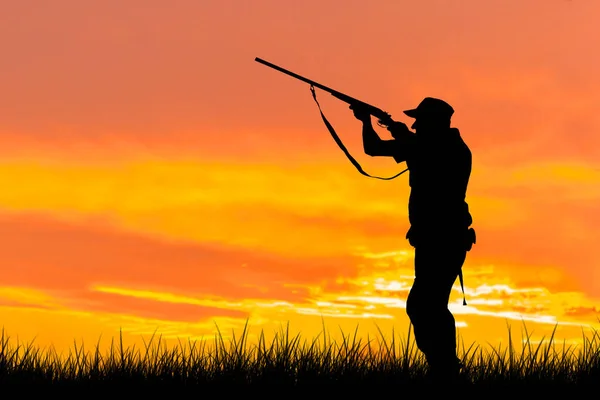 Silhueta Caçador Com Uma Arma Nos Juncos Contra Sol Uma — Fotografia de Stock