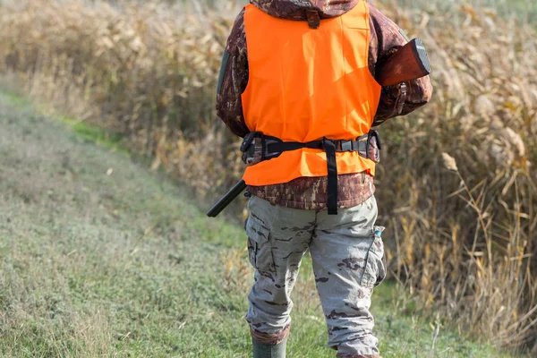 Hombre Con Arma Sus Manos Chaleco Naranja Una Cacería Faisanes —  Fotos de Stock