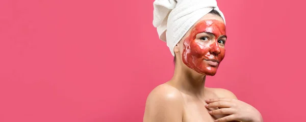 Beauty Portrait Woman White Towel Head Gold Nourishing Mask Face — Stock Photo, Image