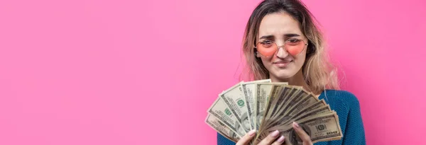 Closeup Young Beautiful Woman Blue Sweater Glasses American Dollars Money — Stock Photo, Image