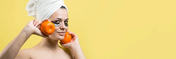 Beauty Portrait Woman White Towel Head Gold Nourishing Mask Face — Stock Photo, Image