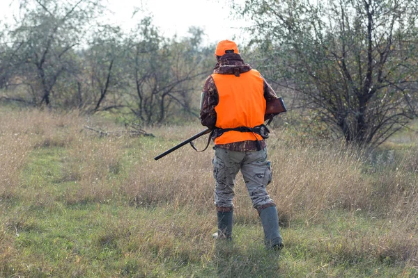 在多云的天气里 一个拿着枪 穿着橙色背心在森林里猎杀野鸡的男人 带着狗寻找猎物的猎人 — 图库照片