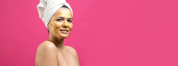 Beauty Portrait Woman White Towel Head Gold Nourishing Mask Face — Stock Photo, Image