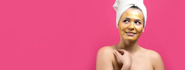 Beauty Portrait Woman White Towel Head Gold Nourishing Mask Face — Stock Photo, Image