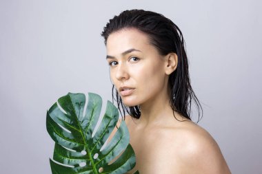 Doğal yeşil palmiye yaprağı portresi olan bir kadın. Moda, güzellik, makyaj, kozmetik.