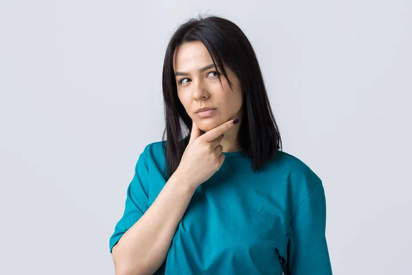 Portrait Beautiful Girl Blue Shirt Looks Aside Pensive Expression Plan — Stock Photo, Image