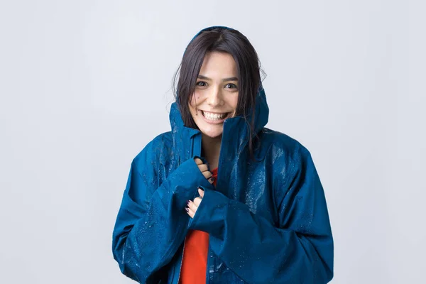Portrait Smiling Girl Dressed Blue Raincoat Drops Posing Hood Grey — Stock Photo, Image