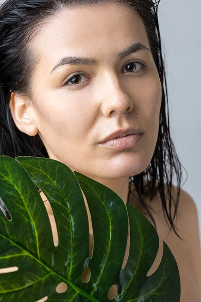 Skönhetskvinna Med Naturligt Grönt Palmbladsporträtt Mode Skönhet Make Kosmetika — Stockfoto