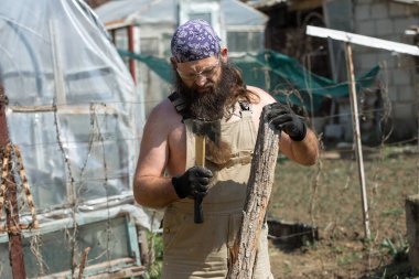 Bandanalı orta yaşlı sakallı bir adam baltayla kütük kesiyor. Tulumlu gaddar sıcak bir günde zor işi yapar..