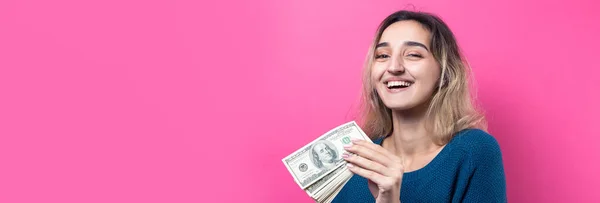 Girl Puts Piggy Bank One Hundred Dollar Bills Young Girl — Stock Photo, Image
