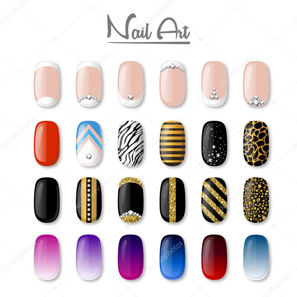 Set of colored painted nails. Manicure. Nail polish. Isolated on a white vector background.