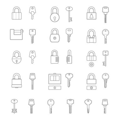 Basit vektör simgeleri tasarım öğeleri - olarak ayarla metal kilitler ve tuşları. Güvenlik. Beyaz bir arka plan üzerinde izole. Vektör çizim. Renkleri özelleştirmek kolaydır.