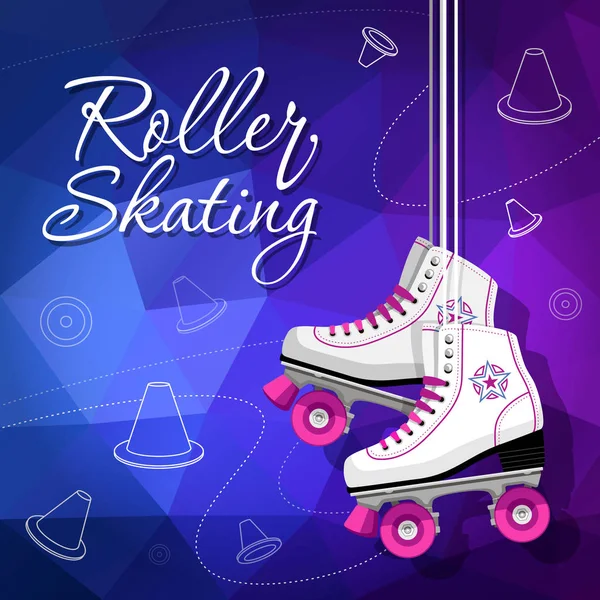 Quad skates klassieker. Rolschaatsen opknoping op de veters. Sport achtergrond. Vectorillustratie. — Stockvector