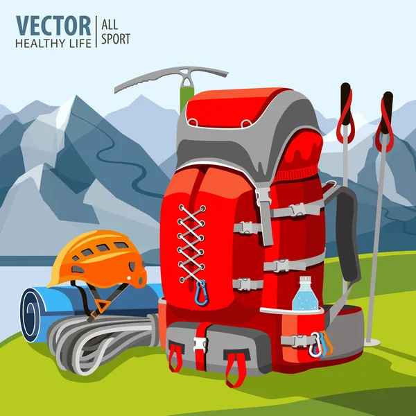 Equipo de senderismo, mochila, postes, cuerda, casco, picahielos. Montañismo. Montañas. Ilustración vectorial . — Vector de stock