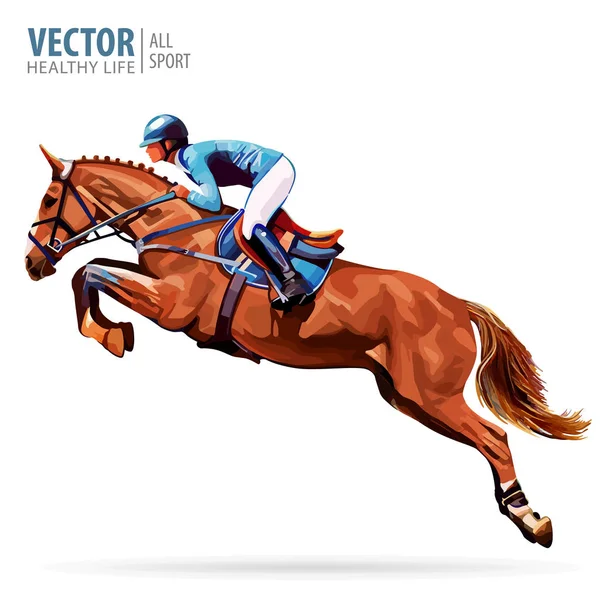 Jockey on horse. Champion. Horse riding. Equestrian sport. Jockey riding jumping horse. Poster. Sport background. Isolated Vector Illustration.