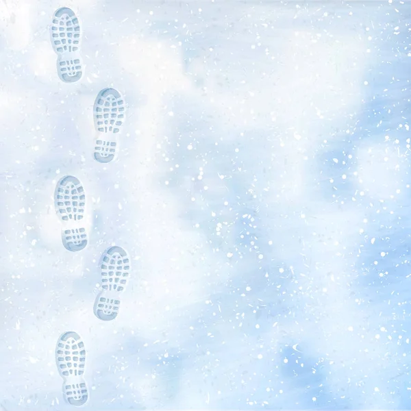 Klara djupa fotspår på vit vinter snö i ett par stövlar. Spår i snö. Översiktsvy. Strukturen på snö yta. Vektor illustration bakgrund. — Stock vektor