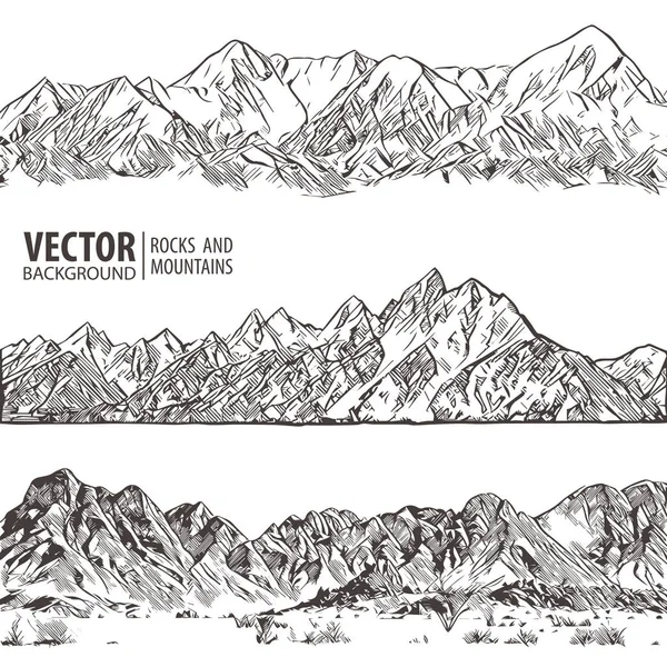 Cordilleras. Listos. Esbozo de la naturaleza. Esbozo de paisaje de montaña puntiagudo dibujo a mano, en estilo grabado, para deportes de escalada extrema, viajes de aventura y diseño turístico. Vector panorama . — Vector de stock