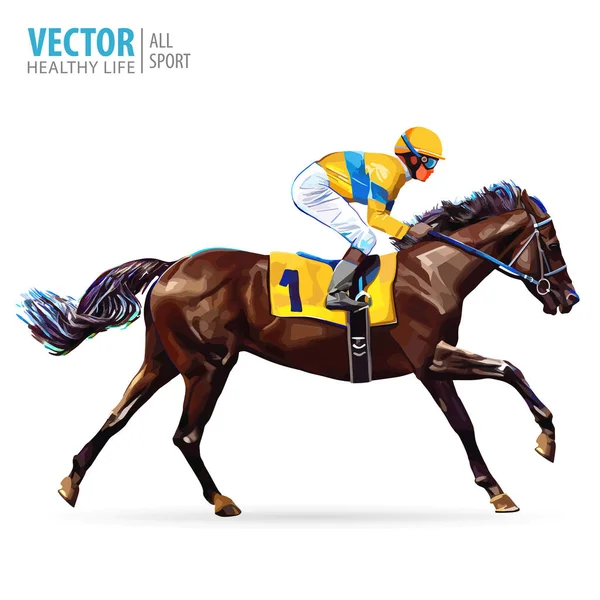 Jóquei a cavalo. Campeão. Corrida de cavalos. Hipódromo. Racetrack. Salta para a pista de corridas. Passeios a cavalo. Corrida de cavalo vindo primeiro para terminar a linha. Ilustração vetorial . — Vetor de Stock