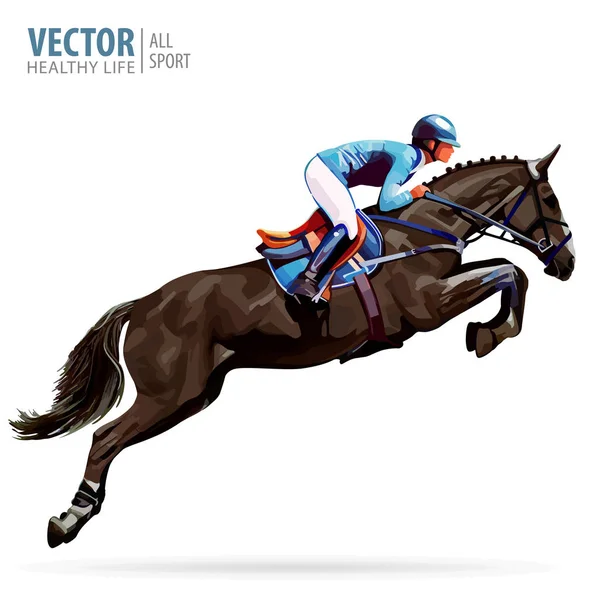 Jockey a caballo. Campeón. Montar a caballo. Deporte ecuestre. Jockey montando caballo saltando. Cartel. Fondo deportivo. Ilustración vectorial aislada . — Archivo Imágenes Vectoriales