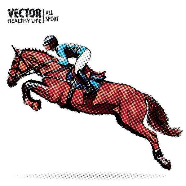 Jockey on horse. Champion. Horse riding. Equestrian sport. Jockey riding jumping horse. Sport. Pop art style vector illustration. Comic book style imitation. Vintage retro style.