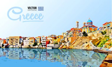 Yunanistan tatil - berrak Denizi ve yansıması. Adaları. Panorama şehir. Manzara. Vektör çizim.