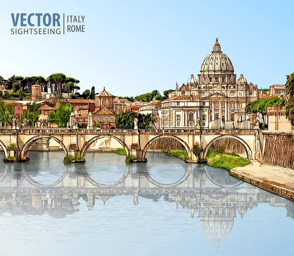 Viajar a Italia. Vista en la catedral de San Pedro en Roma. Río Tíber y puente en día soleado. Arquitectura y punto de referencia. Paisaje. Paisaje urbano antiguo. Ilustración vectorial . — Archivo Imágenes Vectoriales