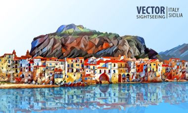 Sahil, Cefalu, Palermo - Sicilya. Mimari ve dönüm noktası. Manzara. Antik cityscape. Vektör çizim.