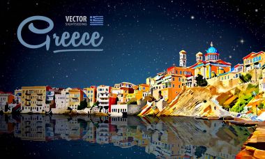 Yunanistan tatil - berrak Denizi ve yansıması. Adaları. Panorama şehir. Manzara. Yıldızlı gökyüzü. İyi geceler. Vektör çizim.