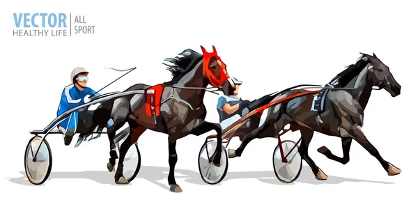 Jockey en paard. Twee rennen paarden met elkaar concurreren. Race in harnas met een sulky of racefiets. Vectorillustratie. — Stockvector