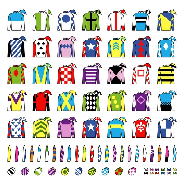 Jockey uniform. Traditionell design. Jackor, sidentyger, ärmar och hattar. Ridning. Hästkapplöpning. Ikoner set. Isolerade på vitt. Vektorillustration. — Stock vektor