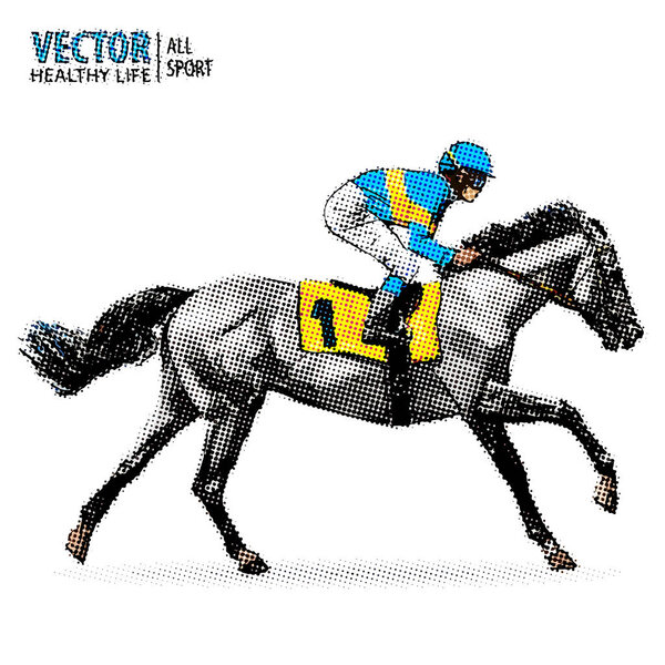 Jockey on horse. Champion. Horse racing. Hippodrome. Racetrack. Jump racetrack. Racing horse. Sport. Pop art style vector illustration. Comic book style imitation. Vintage retro style.