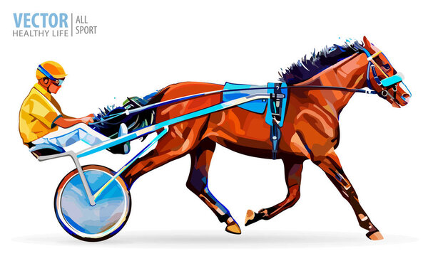 Jockey and horse. Champion. Racing. Hippodrome. Racing steed coming first to finish line. Chariot with horse and rider. Stallion race track. Harness racing at the Hippodrome. Vector illustration.