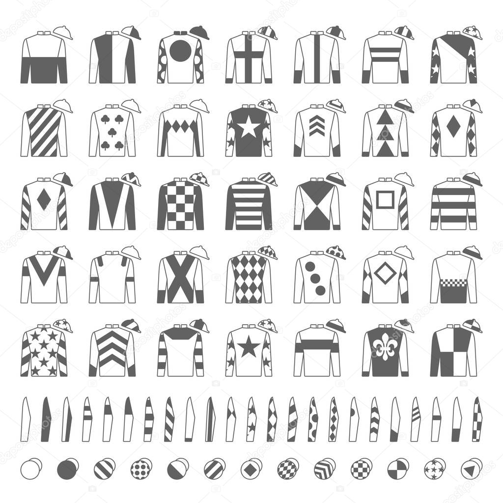 Jockey uniform. Traditional design. Jackets, silks, sleeves and hats. Horse riding. Horse racing. Icons set. Isolated on white. Vector illustration.