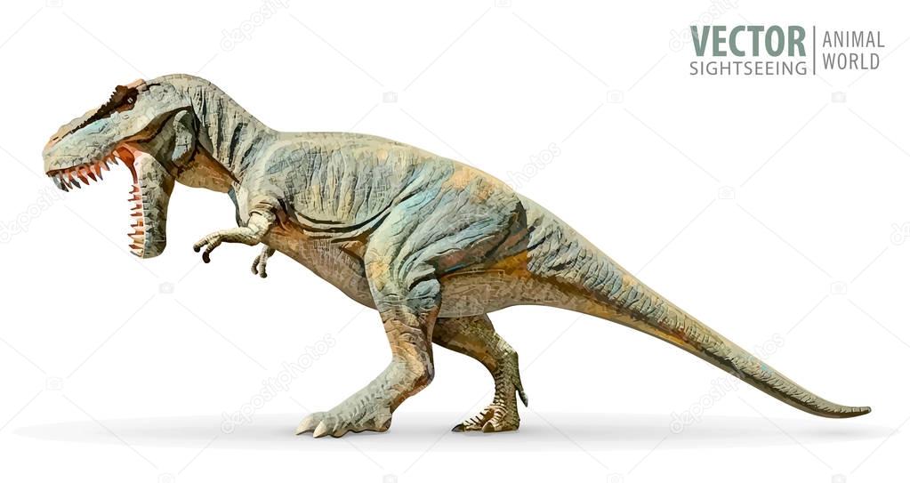 Dinosaur Tyrannosaurus Rex. Prehistoric reptile. Ancient predator. Animal Jurassic with big teeth. Aggressive beast. Terrible, angry lizard Polynesian era. Green gigantic monster. Vector illustration.
