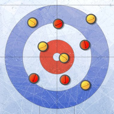 Spor. Buz Curling taşı. Perma ev. Spor oyunu curling için Bahçesi. Kırmızı ve sarı taşlar. Dokular mavi buz. Buz pateni pisti. Vektör çizim arka plan.