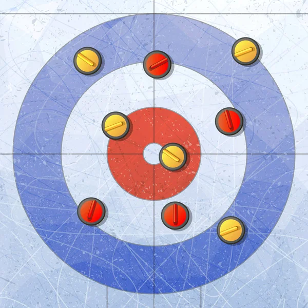 Deporte. Piedras rizadas sobre hielo. Curling House. Zona de juegos para curling juego deportivo. Piedras rojas y amarillas. Texturas de hielo azul. Una pista de hielo. Fondo de ilustración vectorial . — Archivo Imágenes Vectoriales