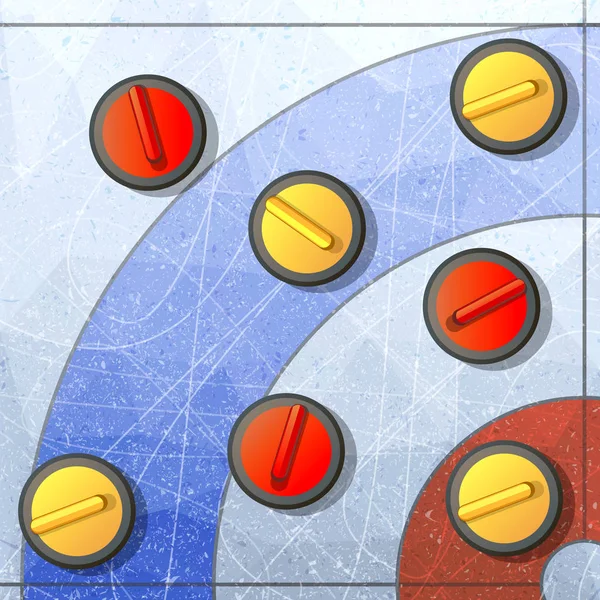 Curling kış oyunu. Buz ve taş, takım ve pisti, rekabet fırçalama ve kayma, düz vektör çizim.