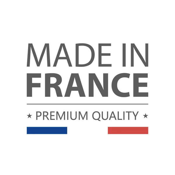 アイコン。フランスで行われました。プレミアム品質。フランスの国旗にラベルを付けます。ベクトルの図。白い背景上に分離。ベクトルの図。ロゴ. — ストックベクタ