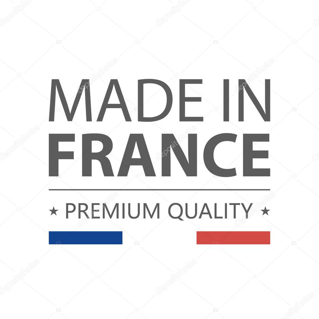 Icon. Made in France. Premium quality. Label with french flag. Vector illustration. Isolated on white background. Vector Illustration. Logo.