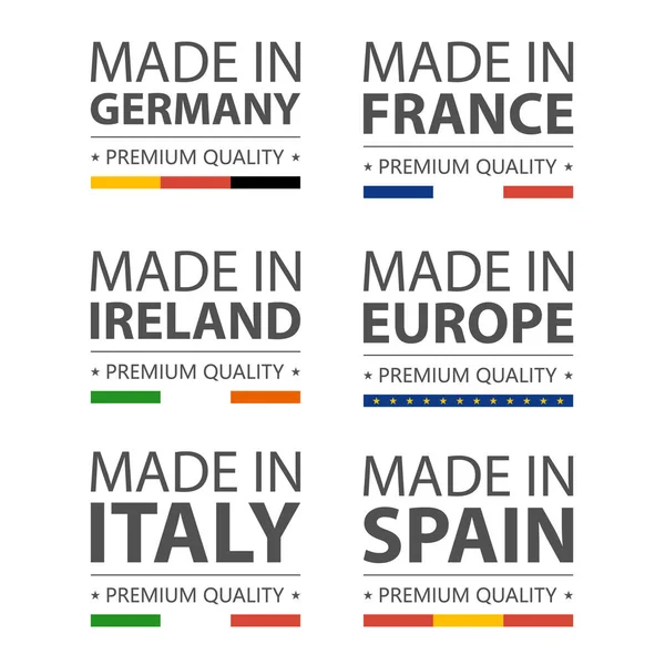 単純なベクトルのロゴでイタリア、ドイツ、フランス、アイルランド、スペイン、欧州連合で作られた作られました。プレミアム品質。フラグを指定してラベルを付けます。ベクトル図. — ストックベクタ
