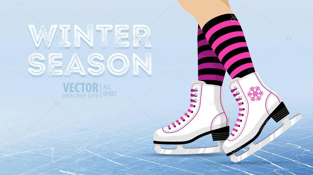 Pair of white Ice skates. Figure skating. Womens ice skates. Texture of ice surface. Winter sports. Vector illustration background. Banner.