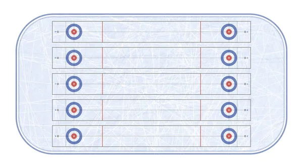 Vista superior del estadio Curling. Deporte de invierno. Juego de deportes. Texturas de hielo azul. Una pista de hielo. Fondo de ilustración vectorial . — Vector de stock