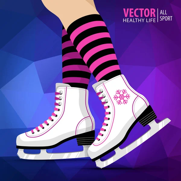 Pair of white Ice skates. Figure skating. Womens ice skates. Winter sports. Vector illustration background. Banner. — Stock Vector