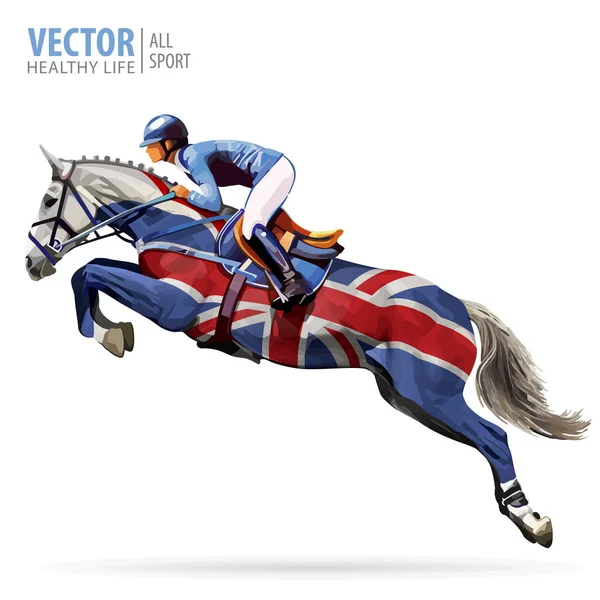 Jockey a caballo. Campeón. Montar a caballo. Deporte ecuestre. Jockey montando caballo saltando. Cartel. Fondo deportivo. Bandera del Reino Unido. Ilustración vectorial . — Vector de stock