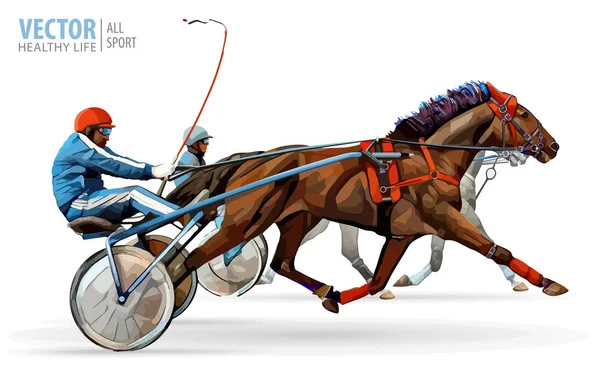 Jockey en paard. Twee rennen paarden met elkaar concurreren. Race in harnas met een sulky of racefiets. Vectorillustratie. — Stockvector