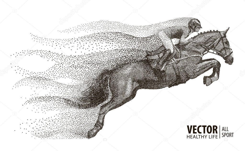 Jockey on horse. Champion. Horse riding. Equestrian sport. Jockey riding jumping horse. Poster. Sport background. Particle divergent composition. Vector Illustration.