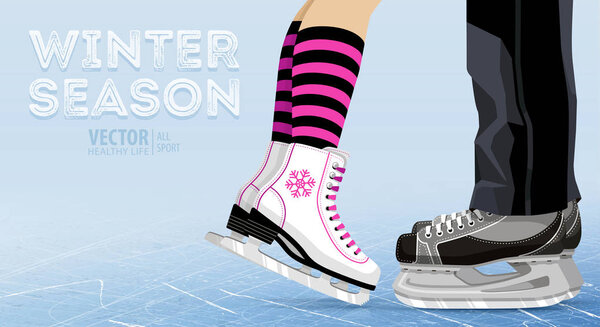 Woman and man ice skating. Winter outdoors on ice rink. legs. Ice hockey skates. Figure skating. Texture of ice surface. Skating together. Vector illustration.