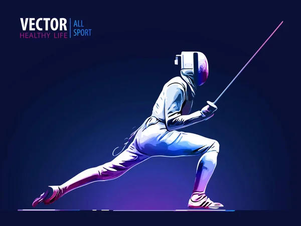 Fencer. Kılıçla pratik eskrim takım elbise giyen adam. Spor arena ve lense işaret fişeklerini. Neon etkisi. Vektör çizim. — Stok Vektör