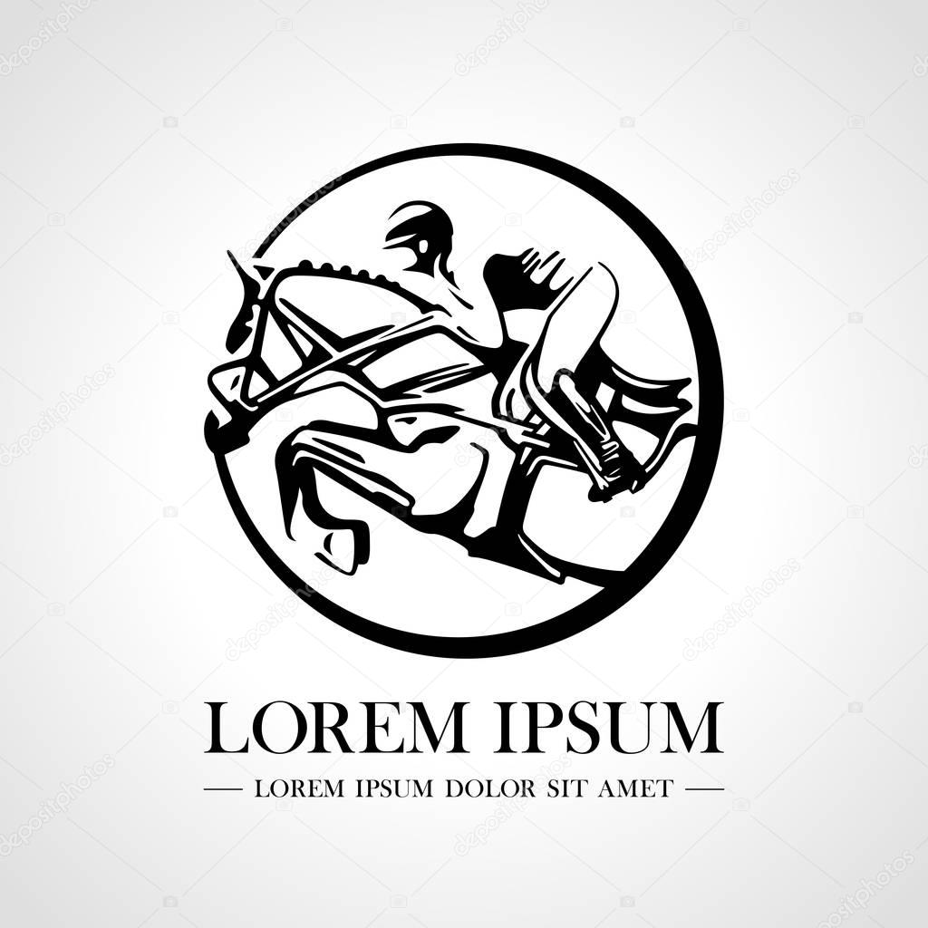 Silhouette of racing horse with jockey. Logo. Design icons. Equestrian sport. Jockey riding jumping horse. Poster. Sport. Vector Illustration