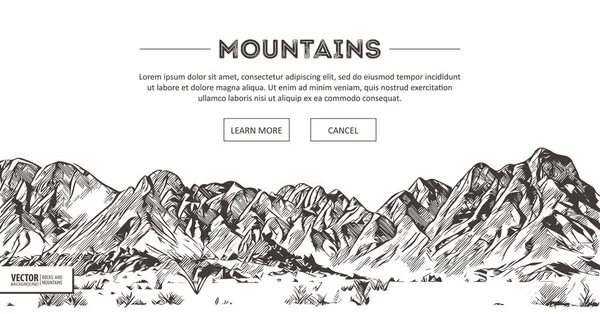 Mountains ranges. Nature sketch. Spiky mountain landscape sketch hand drawing, in engraving etching style, for extreme climbing sport, adventure travel and tourism design. Vector panorama. Stock Vector